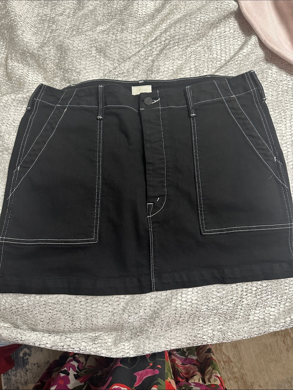 MOTHER Black Mini Skirt with White Topstitching